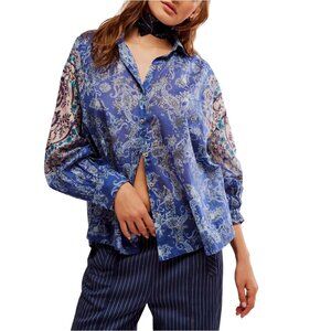 NWT Free People Rose bud Paisley Print Blouse Blue Sheer Size Small Button Up